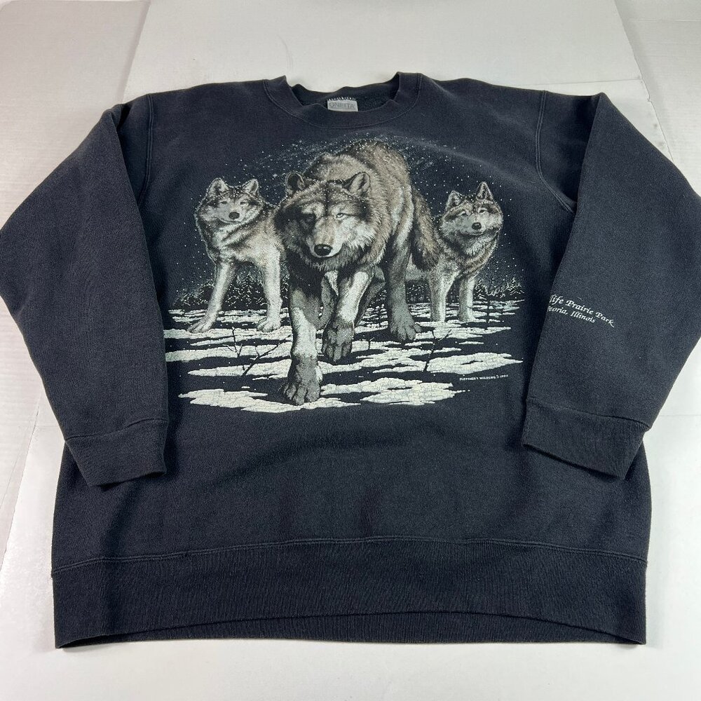 VTG 90s Nature Wolf Wolves Sweatshirt Fits Large Black Faded Crewneck Tag XL